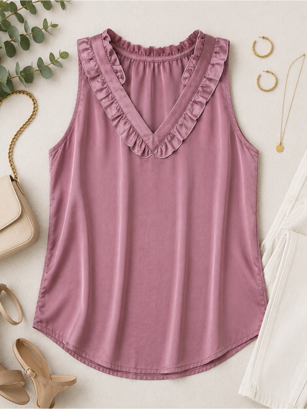 Cabi Satin Ruffle Neck Sleeveless Blouse Dusty Mauve Pink Medium